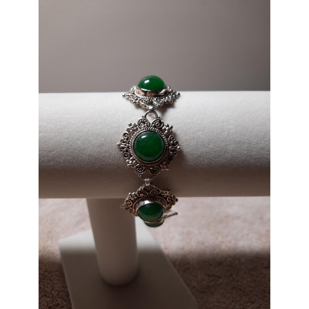 Green jade station bracelet in sterling silver artisan crafted 38 grams